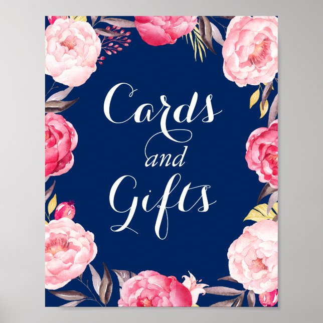 Poster Cartes Cadeaux Marine bleu Floral Wreath Mariage (Devant)