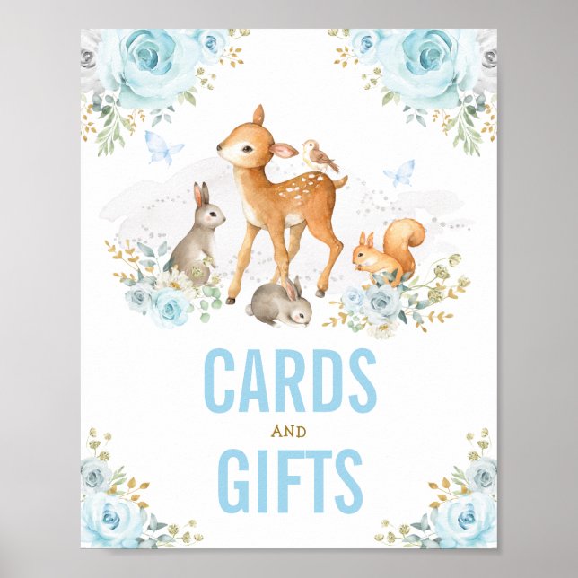 Poster Cartes & Cadeaux Pastel Blue Floral Animaux boisés (Devant)