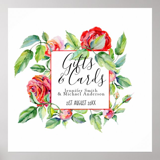 Poster Cartes cadeaux personnalisées Rouge Roses Mariage  (Devant)