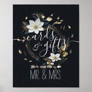 Poster Cartes de couronnes florales en or noir Mariage