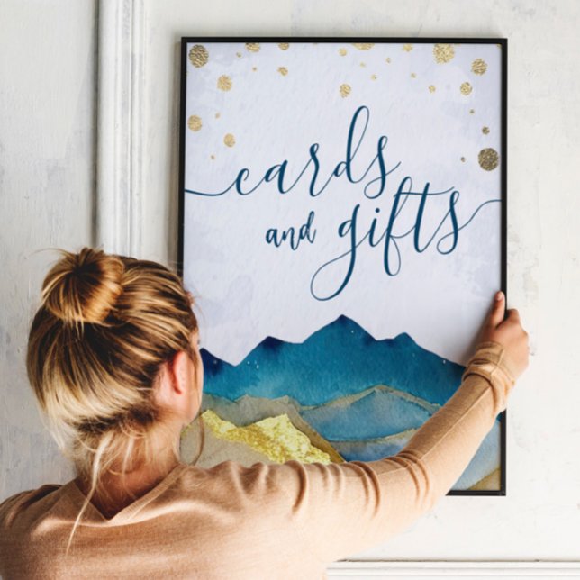 Poster Cartes de mariage cadeaux Aquarelle Blue Gold Moun (Créateur téléchargé)