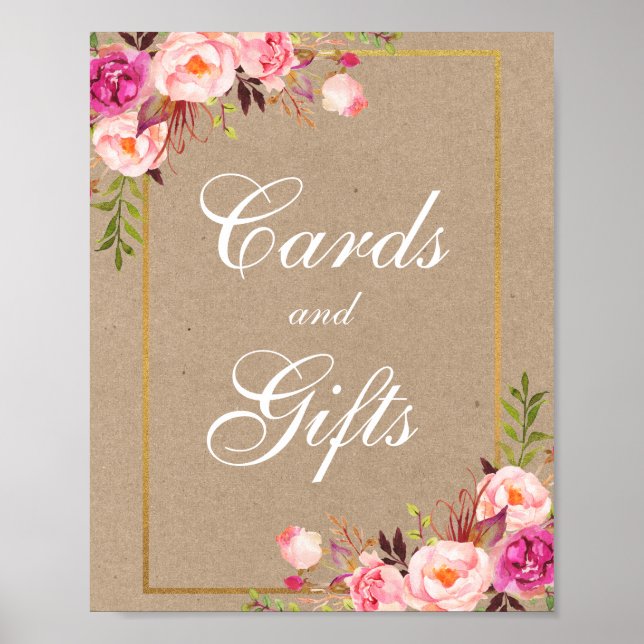 Poster Cartes de mariage Kraft Rose Floral Or Cadeaux (Devant)