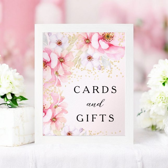 Poster Cartes de Parties scintillant en or rose floral él (Elegant Pink Floral Gold Glitter Cards Gifts Poster)