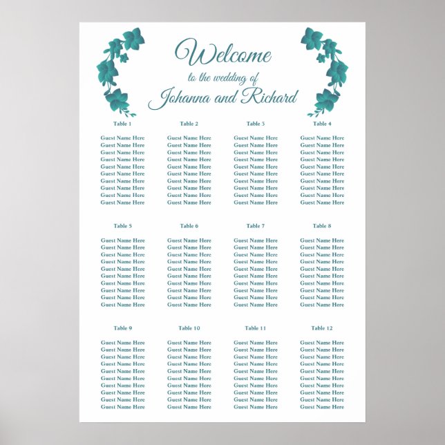Poster Cartes de sièges floral turquoise foncé (Devant)