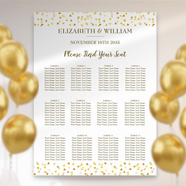 Poster Cartes de sièges Mariage Golden Hearts (Golden Hearts Wedding Seating Chart)