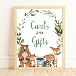 Poster Cartes et cadeaux bois vert panneau baby shower