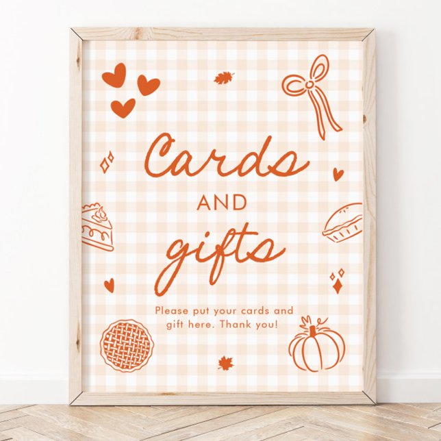 Poster Cartes et cadeaux Cutie Pie à carreaux orange d'au (Fall Orange Gingham Cutie Pie Cards and Gifts Sign)
