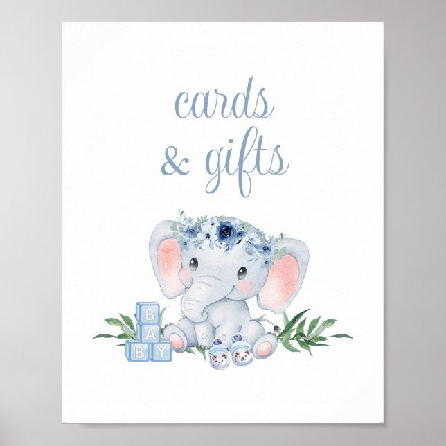 Poster Cartes et cadeaux de Baby shower Blue Floral Eleph (Devant)
