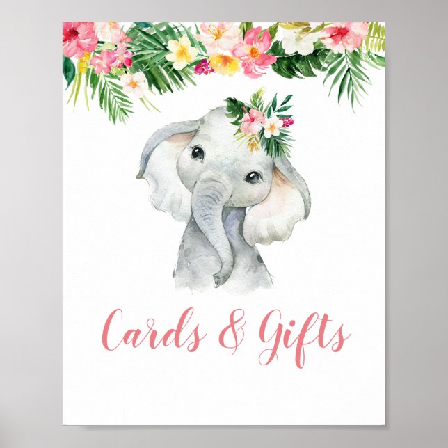Poster Cartes et cadeaux de Baby shower pour fille élépha (Devant)