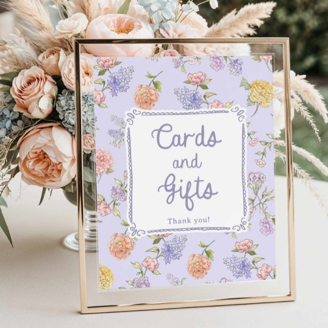 Poster Cartes et cadeaux de Fêtes des mariées florales po (Lilac Floral Bridal Shower Cards and Gifts Sign)