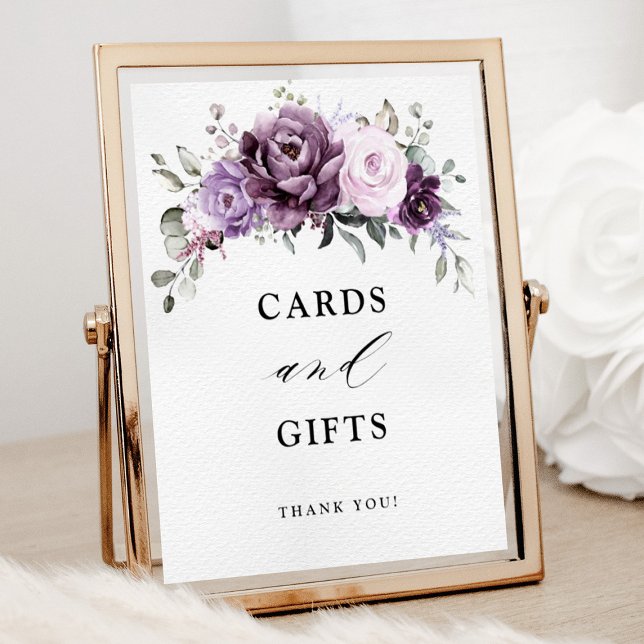 Poster Cartes et cadeaux de fleurs pourpres Dusty (Shades of dusty purple bloom cards and gifts wedding sign)