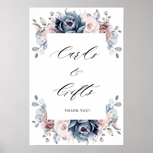 Poster Cartes et cadeaux en ardoise rose Rose bleu Dusty (Devant)