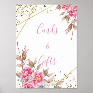 Poster Cartes et cadeaux fleuris roses et cadres d'or géo