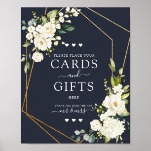 Poster Cartes et cadeaux floraux bleu blanc et géométriqu