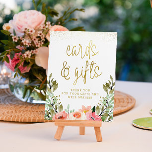 Poster Cartes et cadeaux floraux dorés Panneau de Fête de