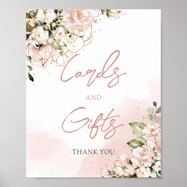 Poster Cartes et cadeaux floraux dorés rose tendre bohème (Devant)