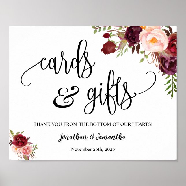 Poster Cartes et cadeaux mariage réception boho marsala s (Devant)