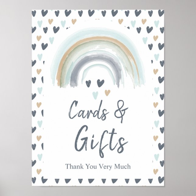 Poster Cartes et cadeaux Panneau Baby shower bleu arc-en- (Devant)
