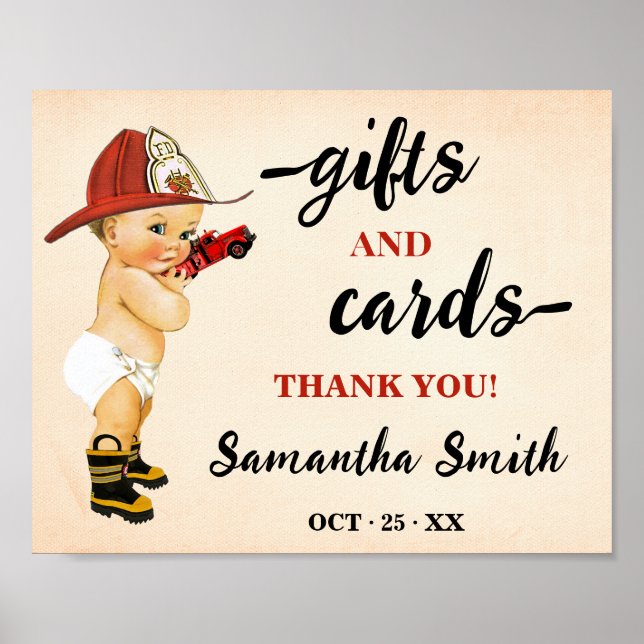 Poster Cartes et cadeaux Petit Baby shower de pompier (Devant)
