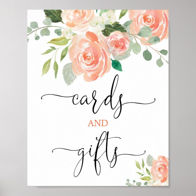 Poster Cartes et cadeaux signe fleurs élégantes vert saum (Devant)