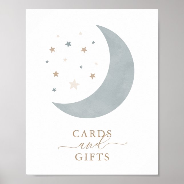 Poster Cartes et cadeaux sur la lune Baby shower garçon (Devant)