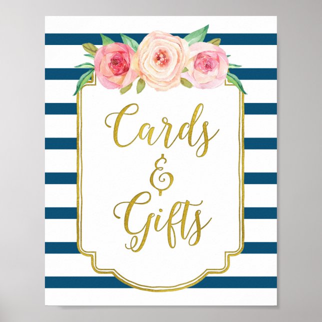 Poster Cartes Fleuries Aquarelle Rose Or Marine Cadeaux E (Devant)