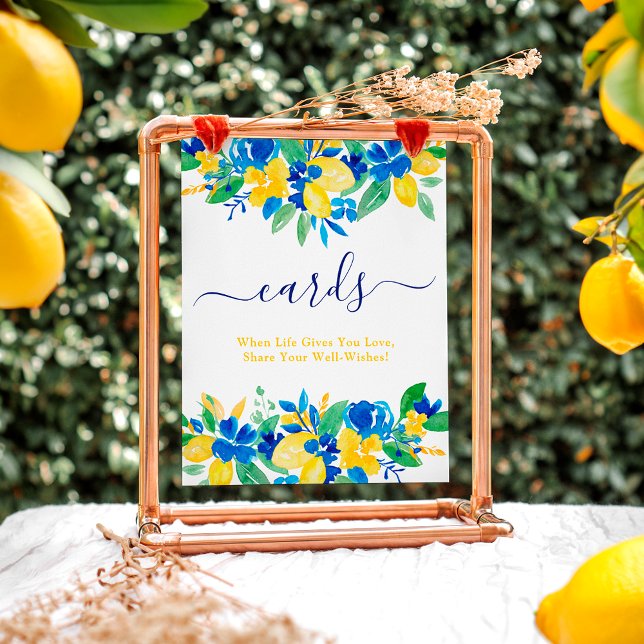 Poster Cartes florales citrons jaunes bleus douche nuptia (Blue yellow lemons floral cards bridal shower poster)