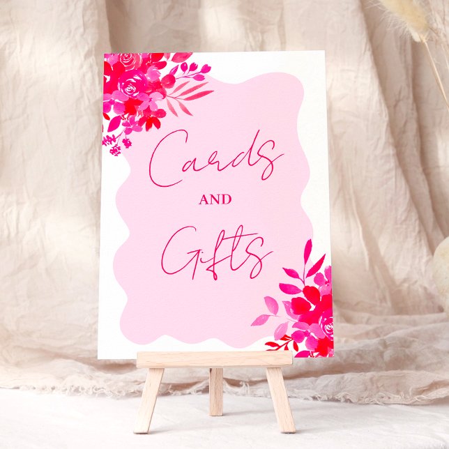 Poster Cartes florales roses chaudes ondulées roses rouge (Hot pink wavy red pink floral cards gifts shower poster)