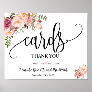 Poster Cartes signe douche mariage réception rose floral