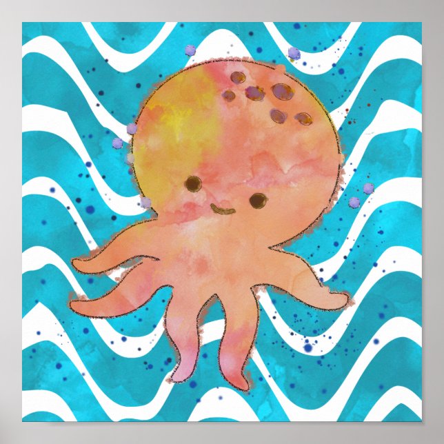 Poster Carton d'aquarelle de pieuvre mignonne (Devant)