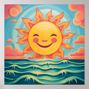 Poster Carton mignon Soleil Soleil Océan