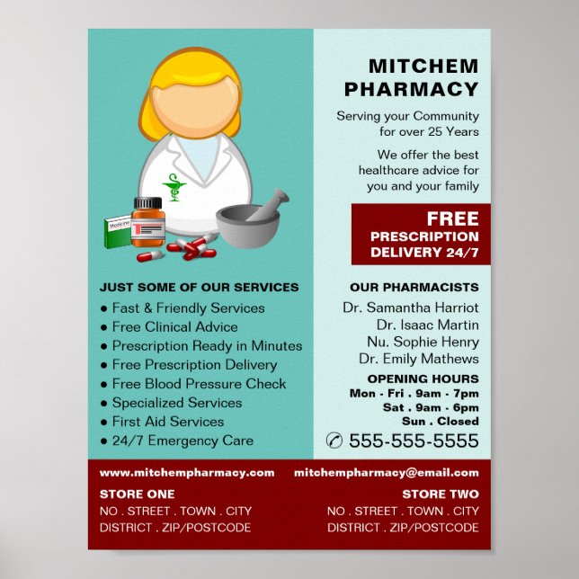 Poster Cartoon Chimiste, Pharmacie, Pharmaciens Publicité (Devant)