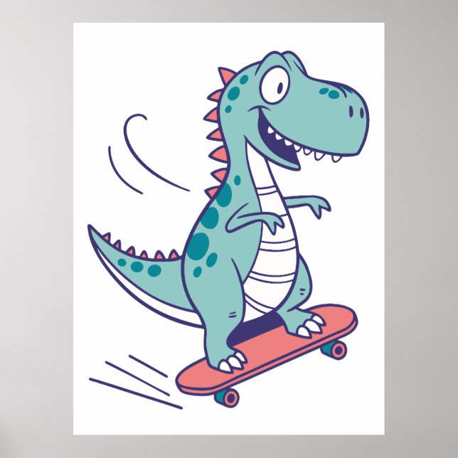 Poster Cartoon cool T-Rex sur skateboard (Devant)