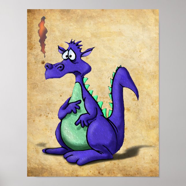 Poster Cartoon de dragon violet inquiété (Devant)