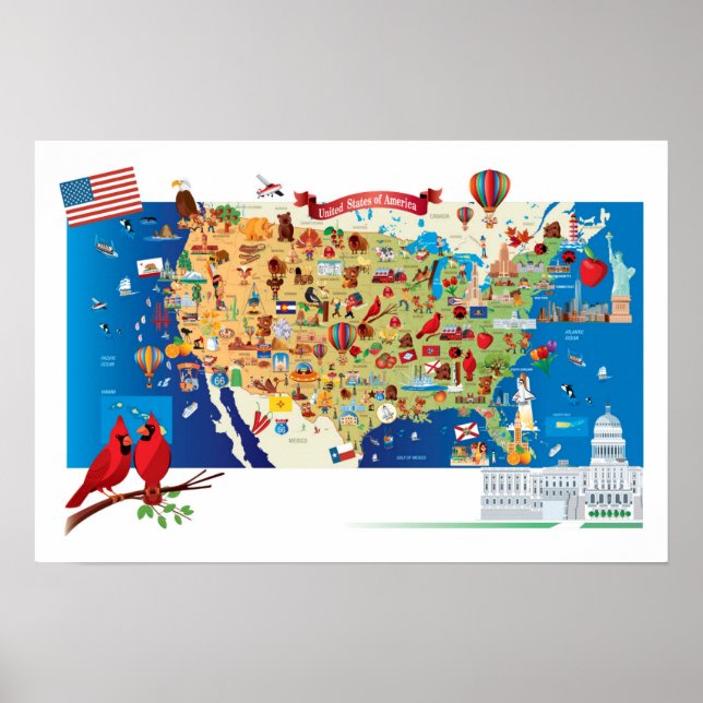 Poster Cartoon Map USA (Devant)