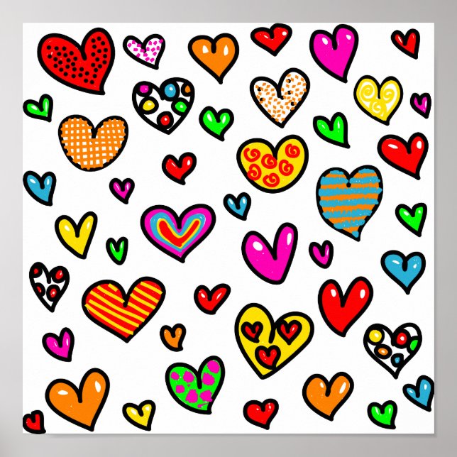 Poster Cartoon mignon Whimsical Multi Love Motif de coeur (Devant)