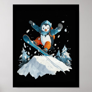 Poster Cartoon Penguin Snowboard Aventure Hiver