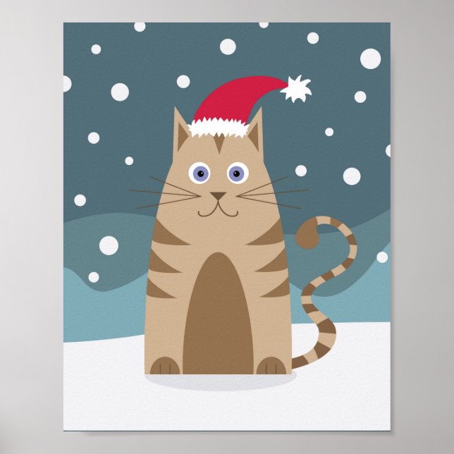 Poster Cartoon père Noël chaton dans la neige xmas paysag (Devant)