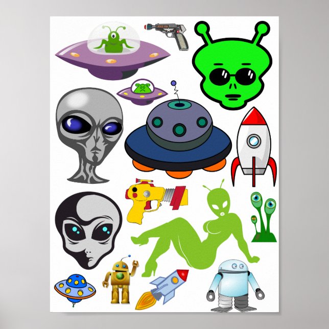 Poster Cartoon Space Aliens Grays UFO Art Collage feuille (Devant)