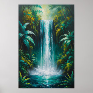 Poster Cascade de jungle luxuriante, peinture de la natur