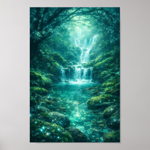 Poster Cascade de la Forêt Enchantée Émeraude Verte Natur