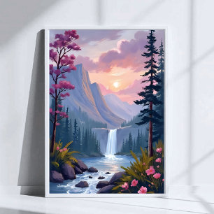 Poster Cascade Fantaisiste   Paysage Floral Magique