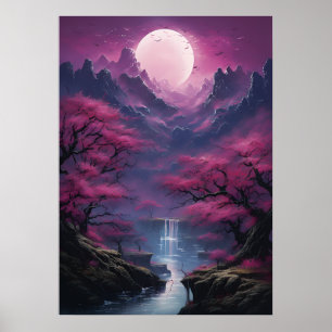 Poster Cascade lune et paysage coloré