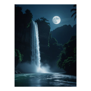 Poster Cascade Lune - Paysage nocturne cinématique
