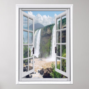 Poster Cascade Vue Trompe l'oeil Fenêtre Faux