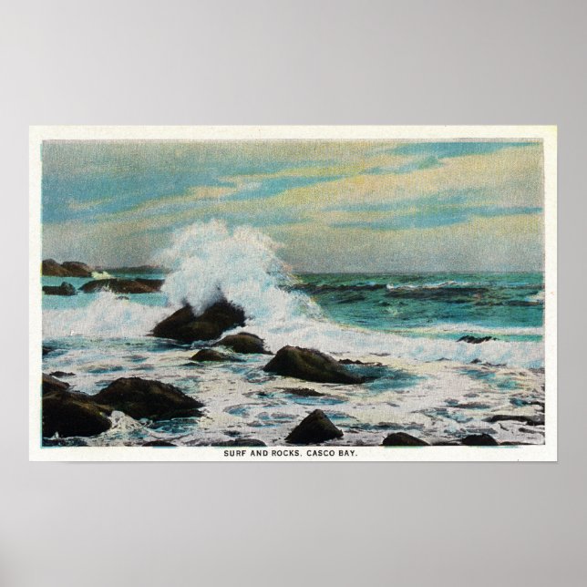 Poster Casco Bay Vue sur le Surf et les rochers (Devant)