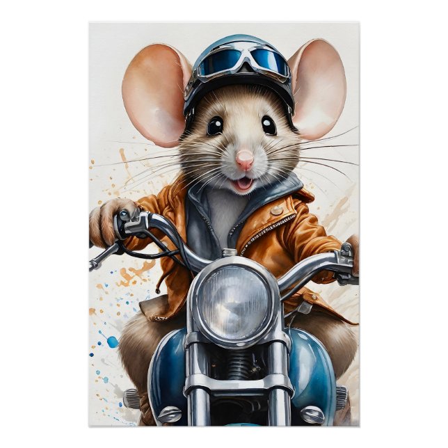 Poster Casque mignonne de souris à cheval sur une moto (Devant)