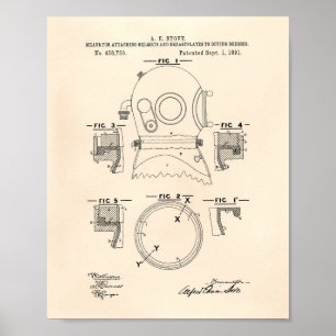 Poster Casques de plongée 1891 Brevet Art Vieux Poivre