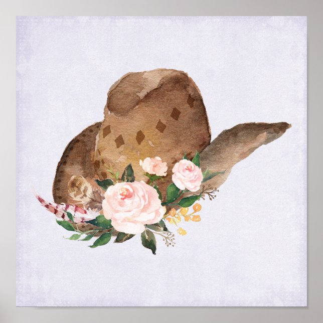 Poster Casquette Brown Cowgirl avec fleurs roses (Devant)