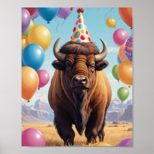 Poster Casquette d'anniversaire de bison américain et bal